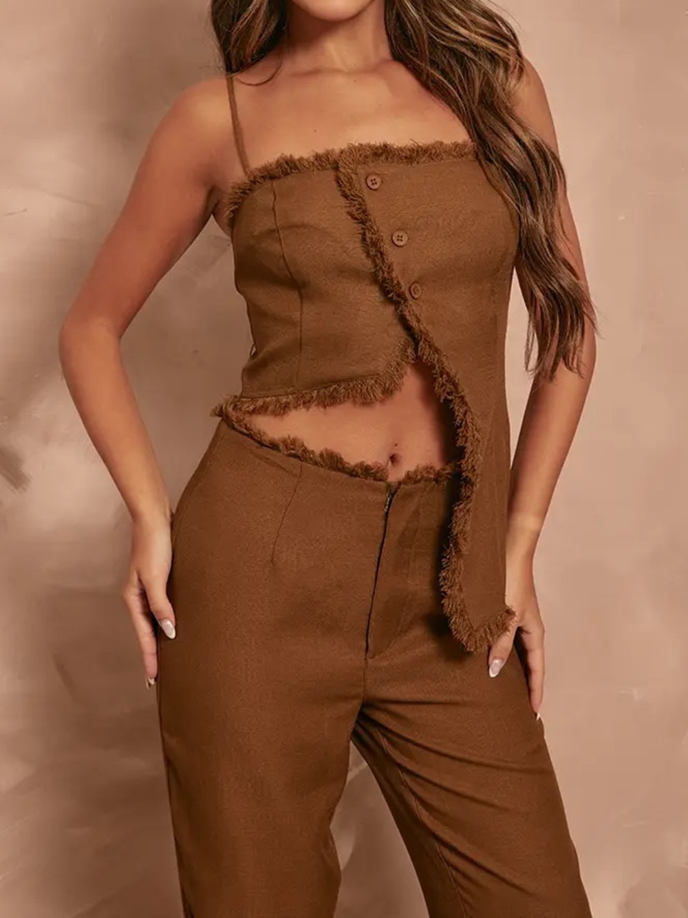 CHOCOLATE TEXTURED WOVEN RAW HEM LOW RISE STRAIGHT LEG TROUSERS CO-ORD
